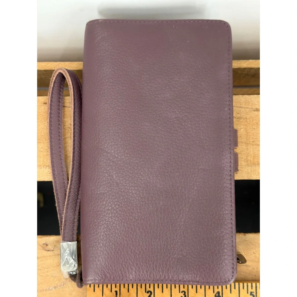 Plum Pebbled Leather RFID Blocking Wristlet Wallet Bi-Fold Organizer Soft Supple